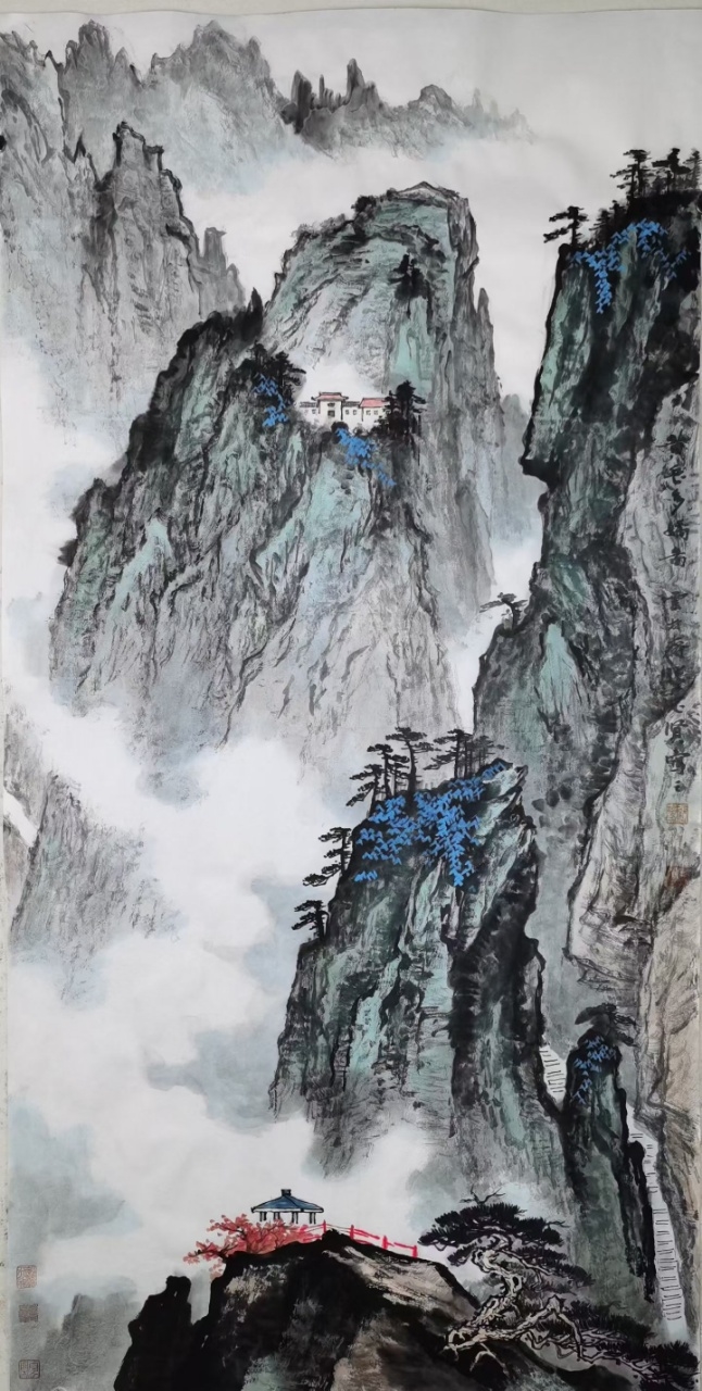 【真作】掛軸　山水図　文人画風　墨彩山水　唐絵風の細密描写　合箱入　S87 真作】掛軸 山水図 文人画風 墨彩山水 唐絵風の細密描写 合箱入 S87