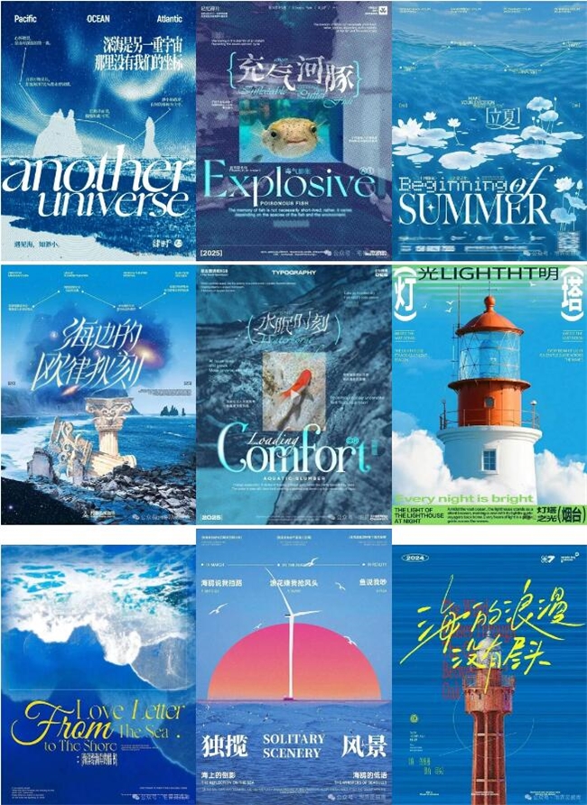 海洋主题海报灵感：蓝色渐变 + 诗意文案的高级感